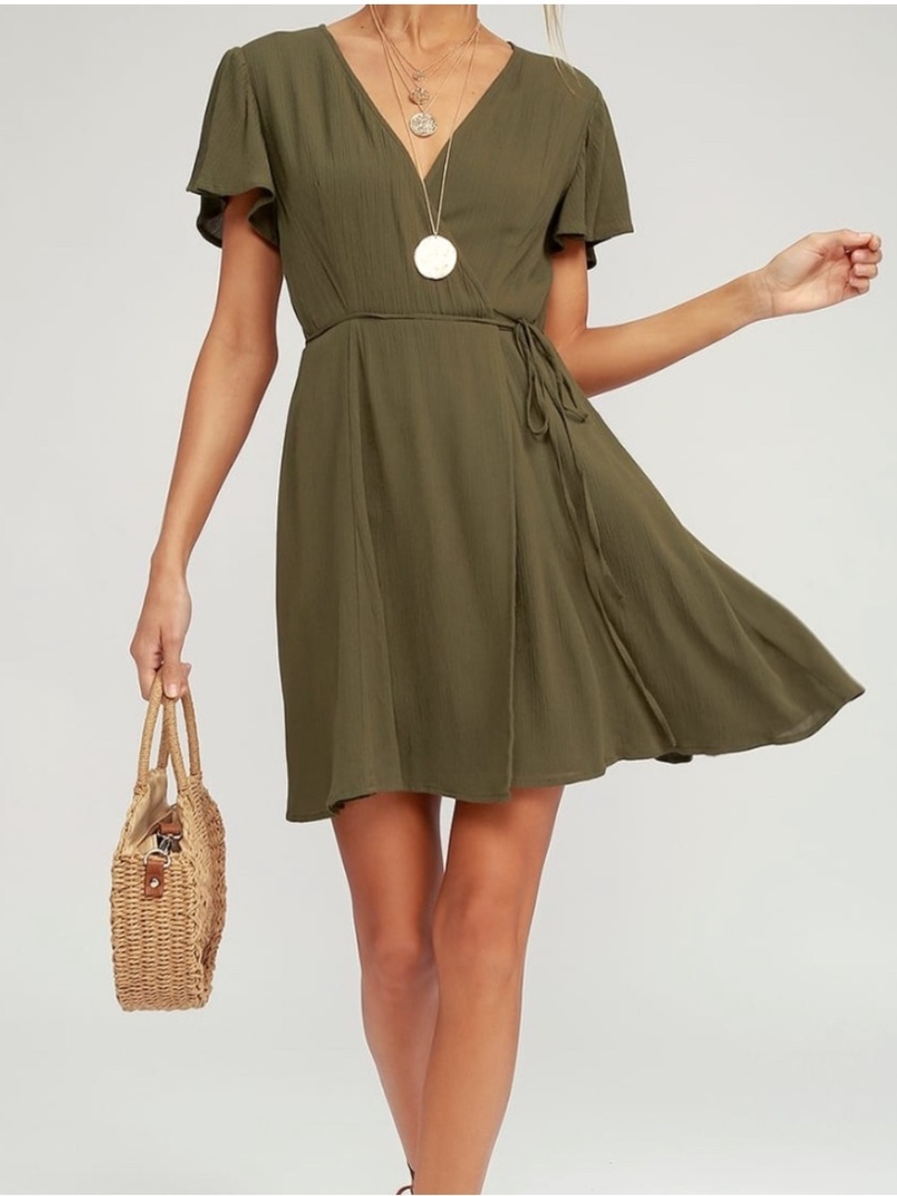 Lulus Harbor Point Olive Green Wrap Dress – Size Medium – Flowy Mini